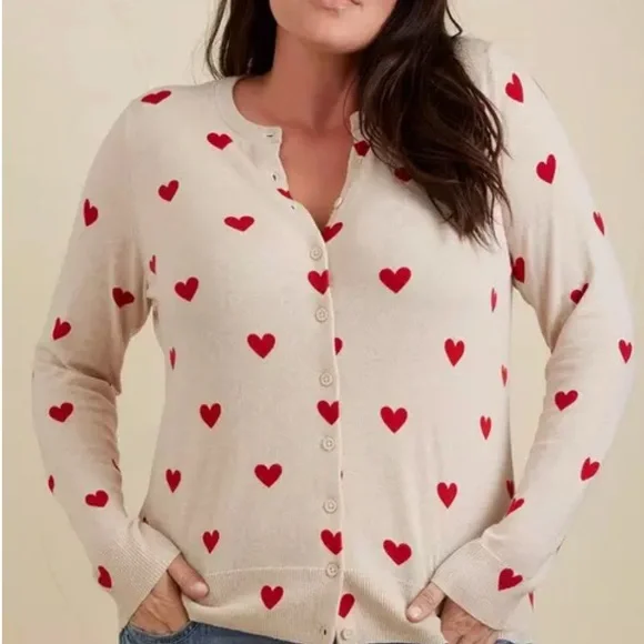 Torrid Cream Cardigan with Red Heart Pattern - Picture 2 of 5